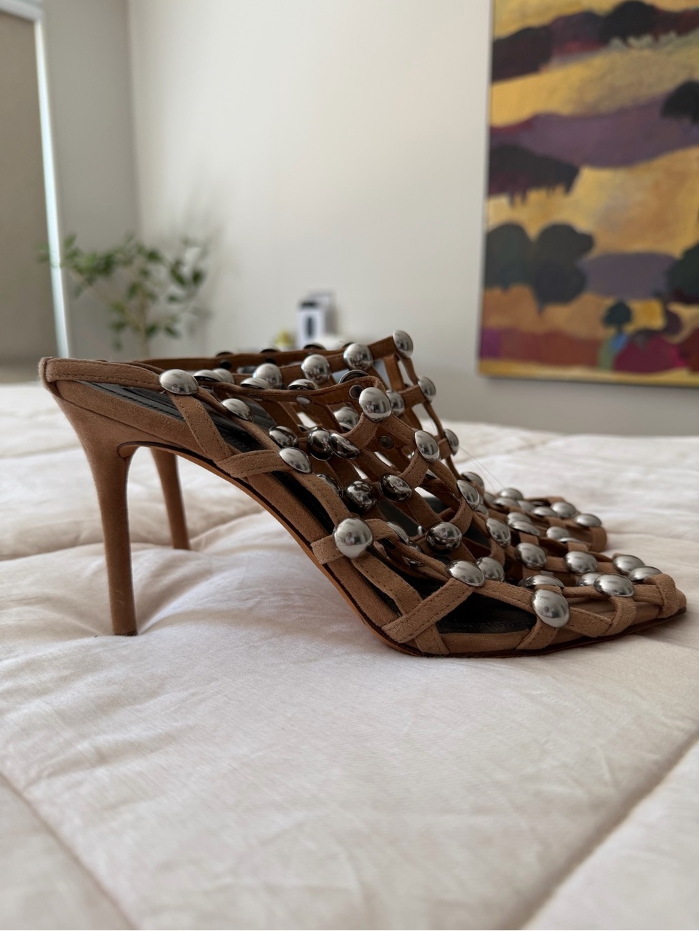 Alexander Wang Rainey Suede Silver Dome Studded Cage Heels - Picture 1 of 5